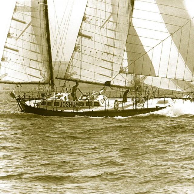 Bernard Moitessier sailing his ketch rigged yacht 'Joshua'
